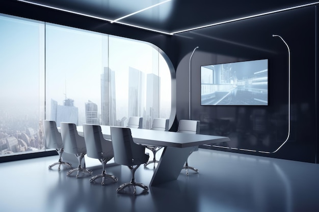 Futuristic conference room with blank wall plasma and city view 3D Rendering