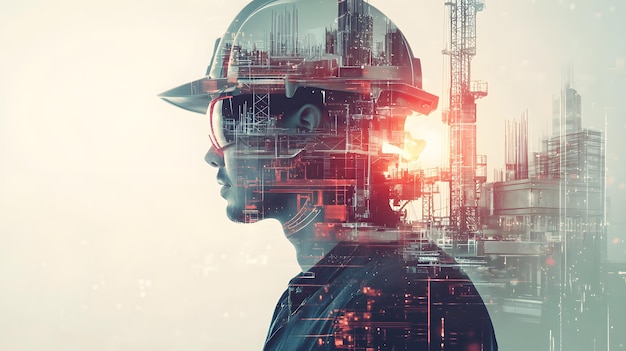 Photo futuristic construction project featuring double exposure graphic design