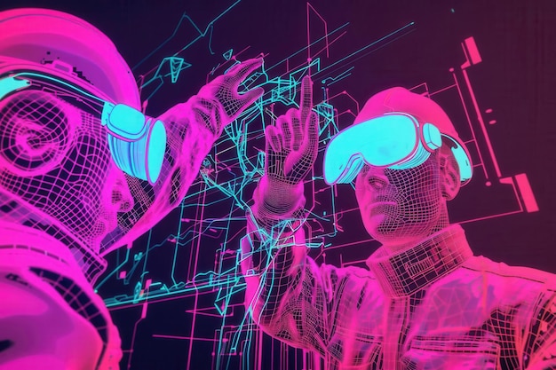 Futuristic construction workers with AR helmets neon colors