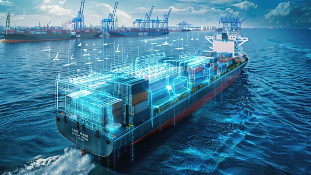 Photo futuristic container ship with digital holographic projections in a harbor