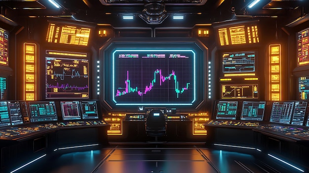 Photo futuristic control room with data and stock market graph on screen