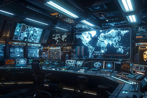 Photo futuristic control room with expansive digital mapping and analytical interface for sophisticated