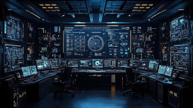 Photo futuristic control room with multiple monitors displaying data and information