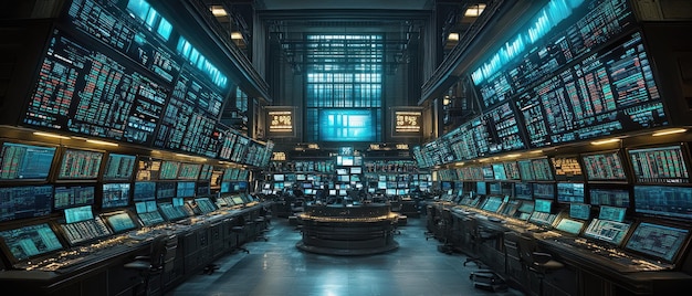 Futuristic Control Room with Numerous Monitors Displaying Data