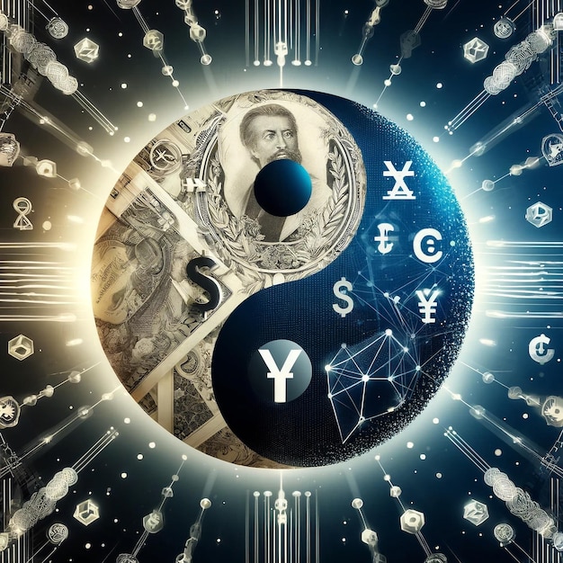 Futuristic Convergence International Currency Blockchain in Modern Yin Yang Art