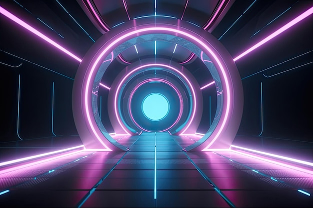 Futuristic corridor hallway tunnel with neon light Hitech scifi spaceship background AI Generated