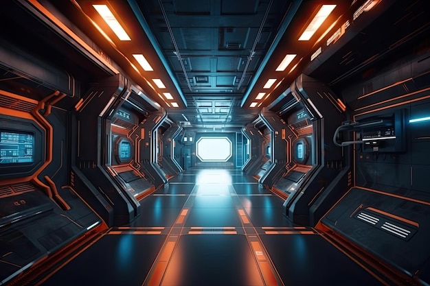 Futuristic corridor hallway tunnel with neon light Hitech scifi spaceship background AI Generated