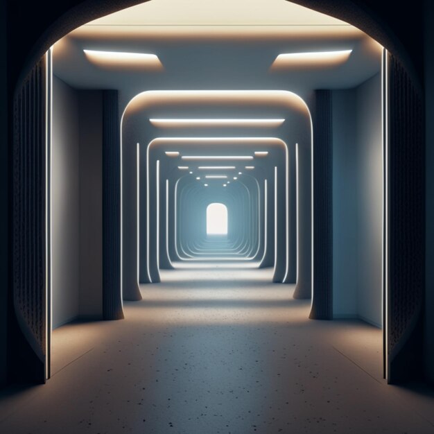 Photo futuristic corridor interior space room cosmic hallway spaceship neon tunnel teleport background