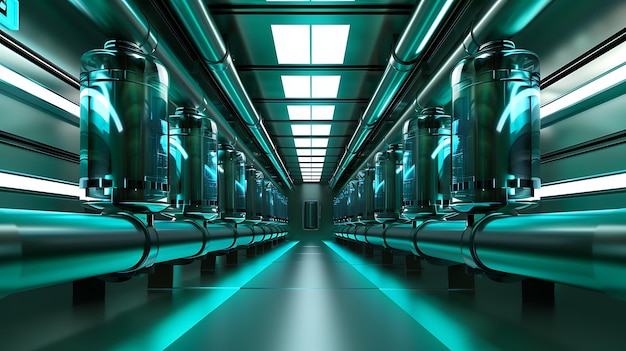 Futuristic Corridor with Glass Cylinders and Glowing Green Lighting