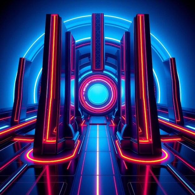 Photo futuristic corridor with glowing neon lights and circular doorway