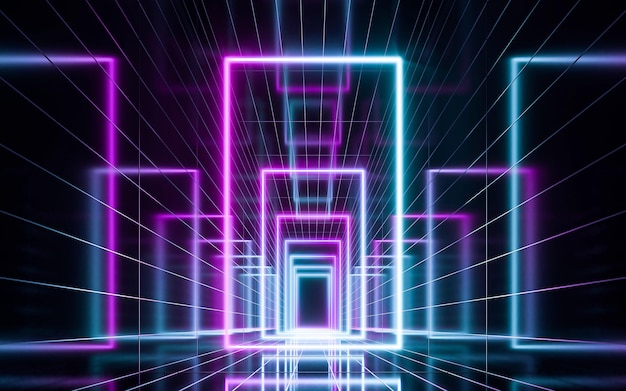 Futuristic corridor with neon lights. 3d rendering