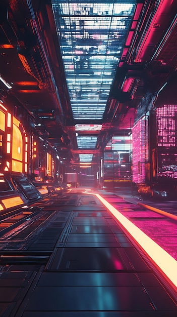 Photo futuristic corridor with neon lights and hightech ambiance