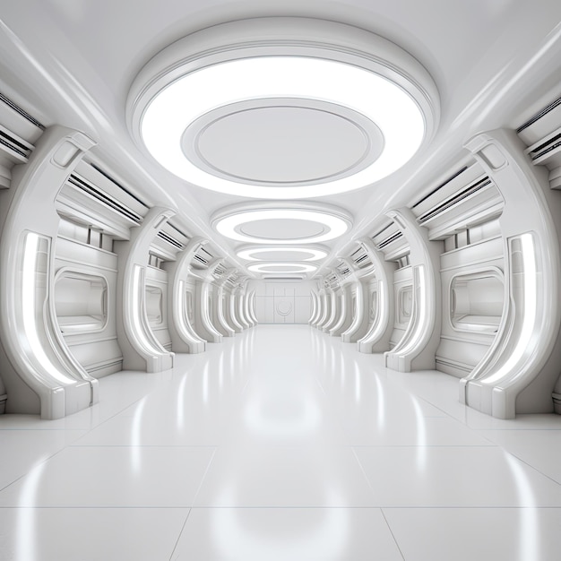 Futuristic corridor with white walls and ceiling