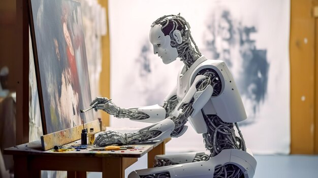 Photo futuristic creative robot painter draws a colorful picture on a canvas