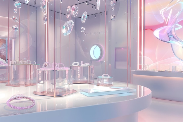 Futuristic crystal display for a jewelry store featuring custom rings earrings and bracelets Luxur