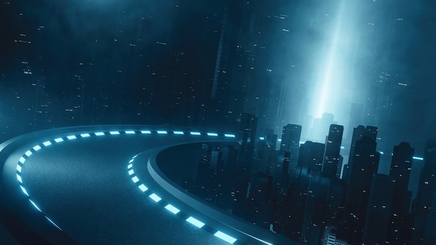 Futuristic curved road running through mega city at night