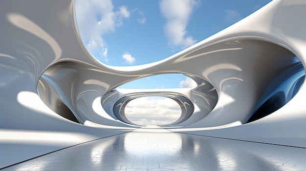 Futuristic curvilinear architecture stretches towards a vivid sky with cumulus clouds