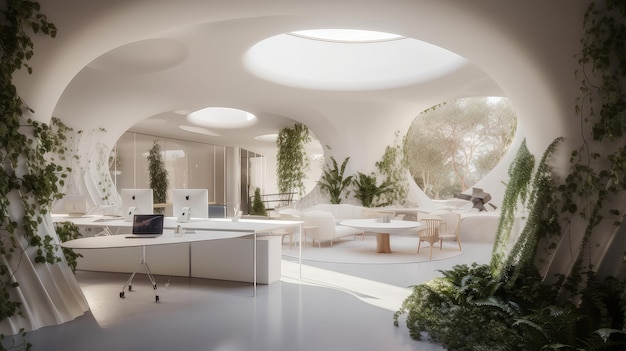 Futuristic curvilinear interior minimal corporate office Generative AI AIG18