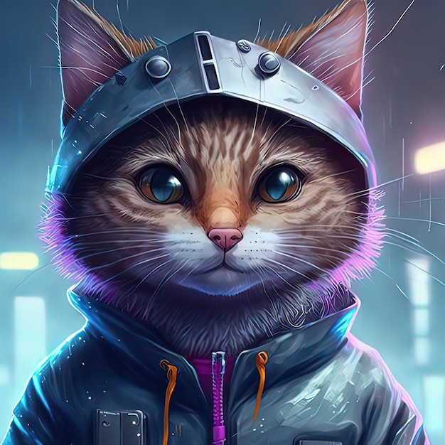 Futuristic cyber cat in cyberpunk style Digital art style illustration painting