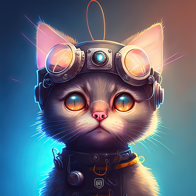 Futuristic cyber cat in cyberpunk style Digital art style illustration painting