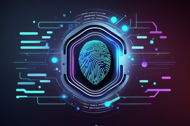 Futuristic cyber security with neon background and fingerprint scanning