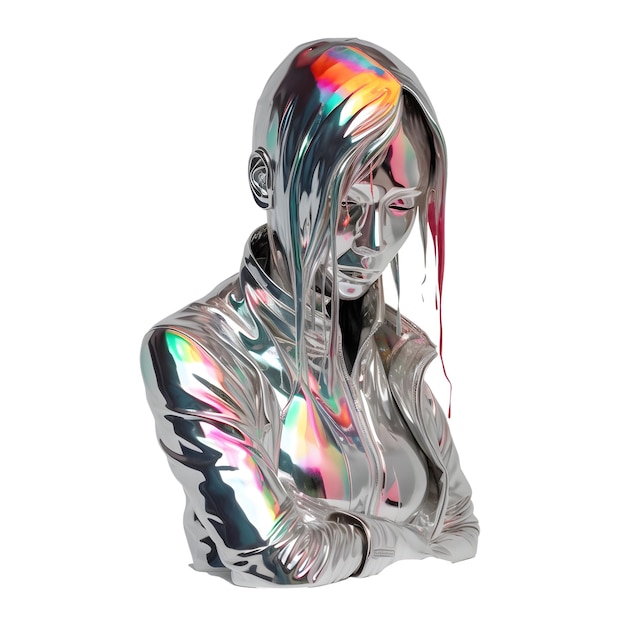 Futuristic cyber woman sculpture liquid holographic metallic melted modern Y2K design element transparent png Generative Ai