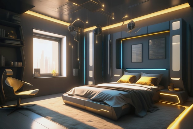 Futuristic cyberpunk bedroom