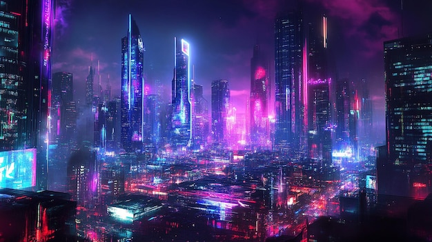 Futuristic Cyberpunk City Skyline Night Neon Lights Wallpaper