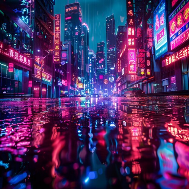 A futuristic cyberpunk cityscape bathed in neon glow