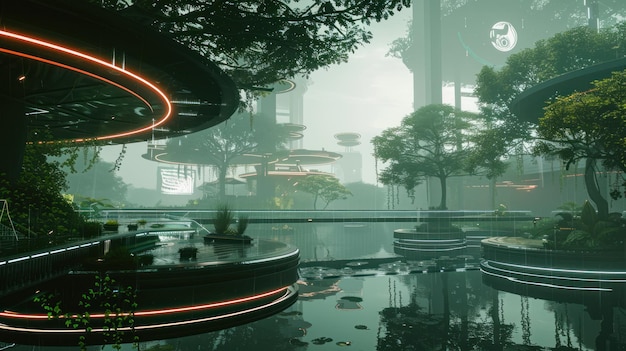 Photo futuristic cyberpunk cityscape with lush greenery concept art depicting a sustainable future