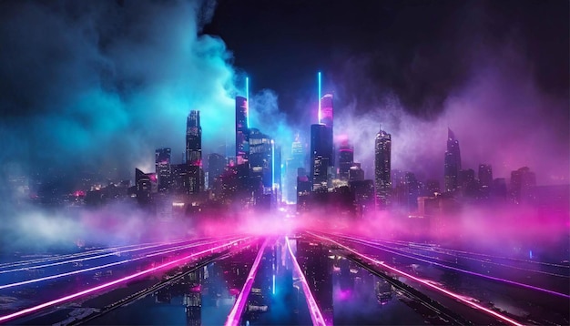 Photo futuristic cyberpunk cityscape with neon colors lights