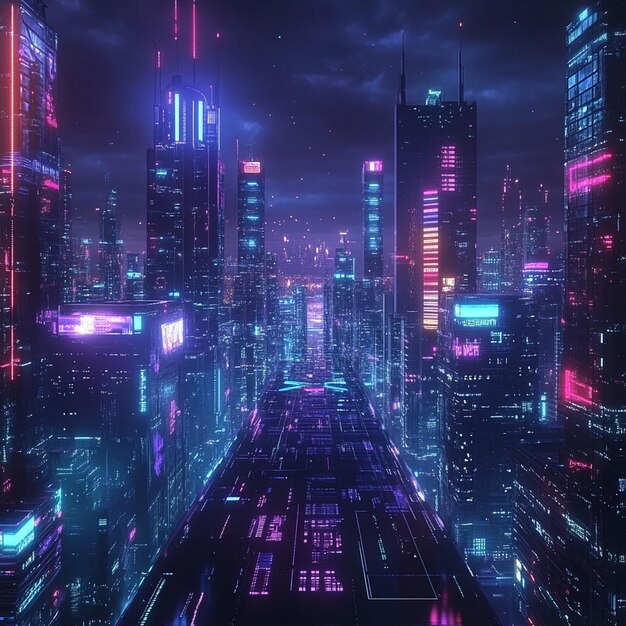 Futuristic Cyberpunk Cityscape with Neon Lights at Night