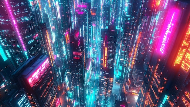 Futuristic Cyberpunk Cityscape with Neon Lights and Skyscrapers Image