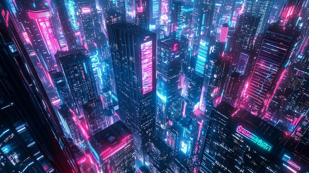 Futuristic Cyberpunk Cityscape with Neon Lights and Skyscrapers