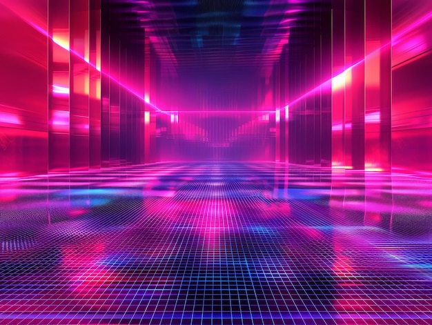 Futuristic Cyberpunk Corridor with Neon Lights and Grid Floor Abstract Digital Technology Background