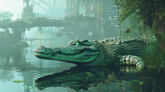 Futuristic cyberpunk crocodile patrolling a dystopian waterway laser eyes scanning blending nature with high tech