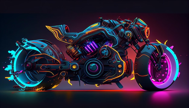 Futuristic cyberpunk hightech electric motorcycle with metallic frame and neon lighting Generative AI