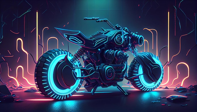 Futuristic cyberpunk hightech electric motorcycle with metallic frame and neon lighting Generative AIxA