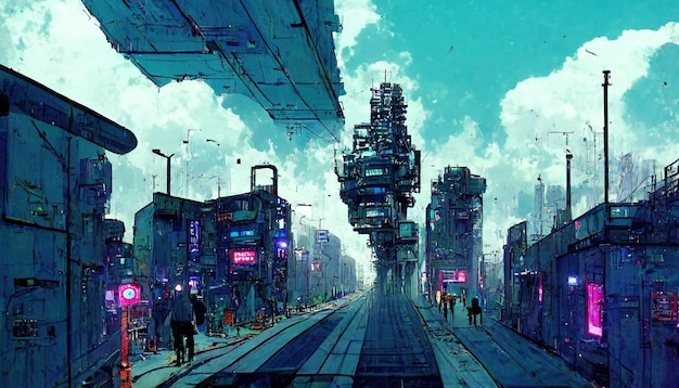 Futuristic cyberpunk landscape in comic manga style linart art