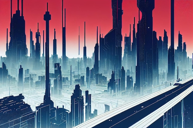 Futuristic cyberpunk landscape in comic manga style linart art