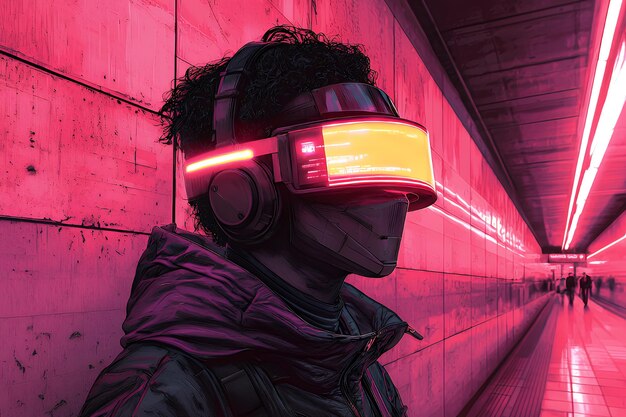 Futuristic Cyberpunk Man Wearing Virtual Reality Headset in Neon Lit Underground Tunnel