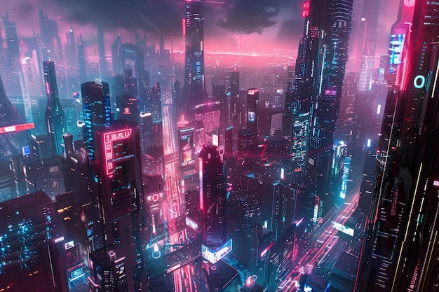 Futuristic Cyberpunk Metropolis with Neon Lights at Night