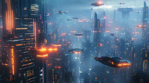 Futuristic Cyberpunk Night City with Neon Lights and Flying Saucers