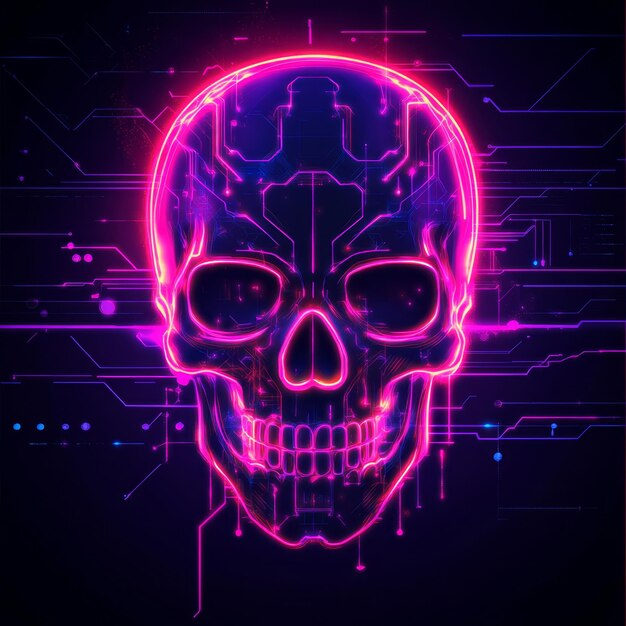 Photo futuristic cyberpunk skull logo illuminated by neon lights and circuit designs at night