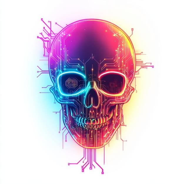 Photo futuristic cyberpunk skull logo with neon lights and circuit patterns on a white background