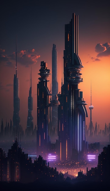 A futuristic cyberpunk skyline of skyscrapers Generative AI