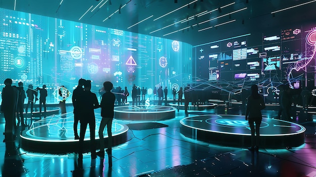 Futuristic Cyberspace with Silhouettes of People Gazing at Holographic Data Displays