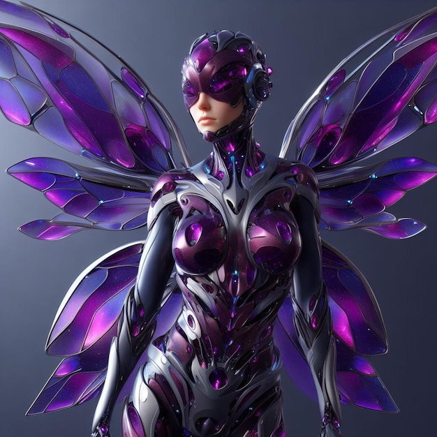 A futuristic cyborg girl dressed looks like a Purple Jewel Beetle