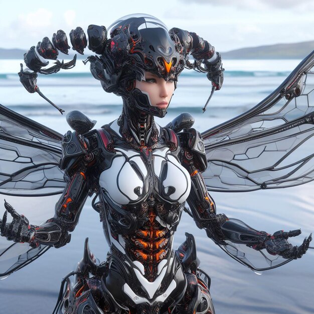 A futuristic cyborg girl dressed with a garment that looks like a Phanaeus demon Beetle