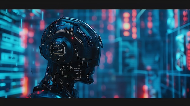 Futuristic Cyborg Head with Neon Lights in the Background